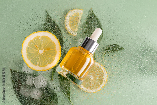 Citrus beauty serum with water droplets for fresh skincare