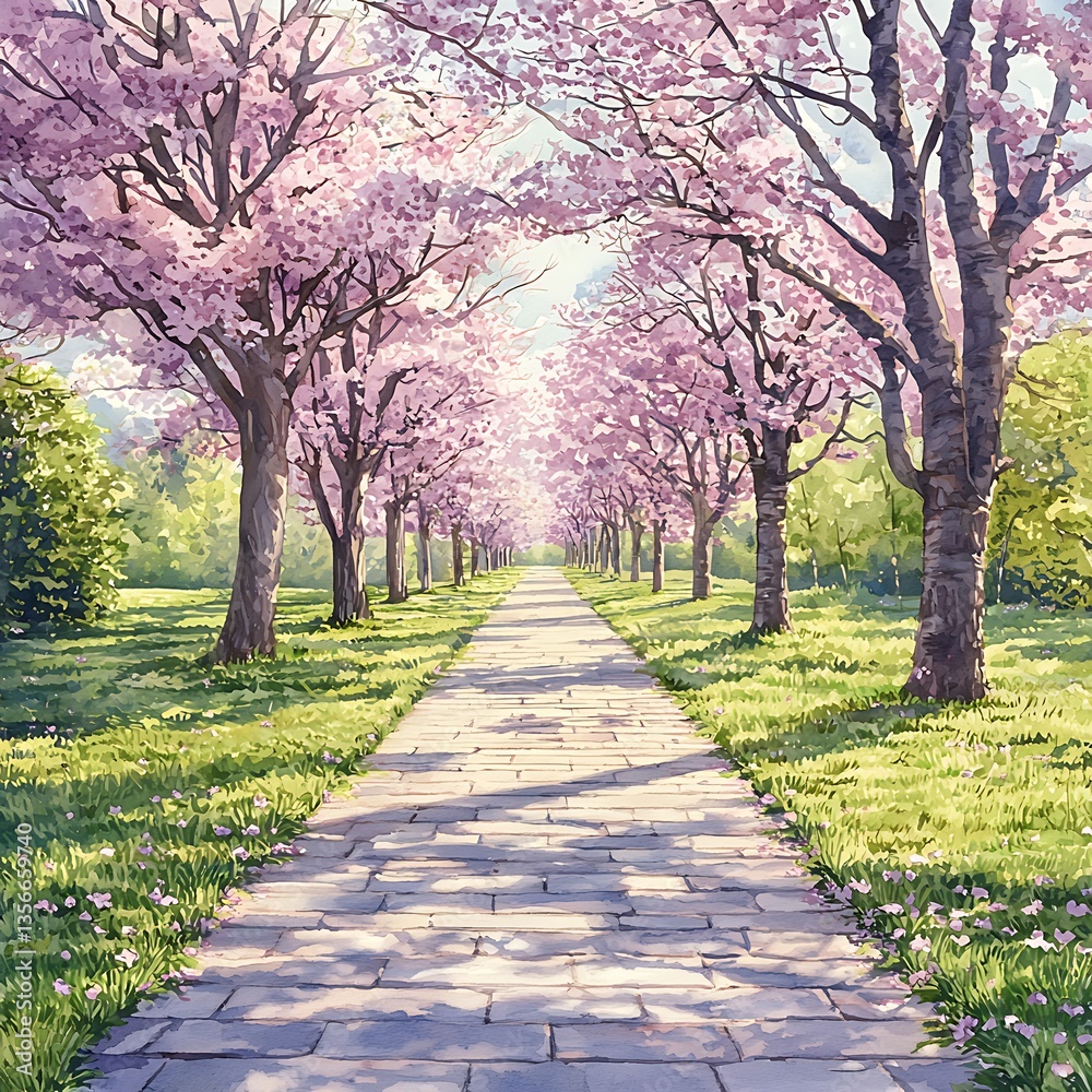 Naklejka premium Serene Spring Path A Tranquil Walkway Lined with Cherry Blossoms.