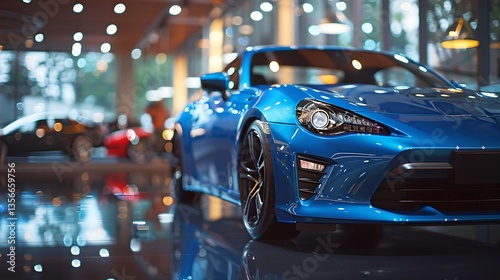 A stunning blue sports car parked in a modern showroom. The sleek design captures attention. Bright reflections enhance its beauty. Ideal for automotive enthusiasts. AI