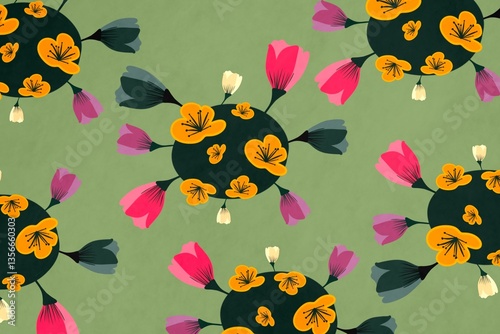 Floral illustration with vibrant greens, pinks, and yellows