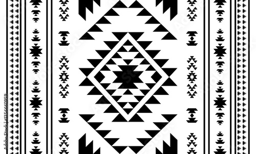 Ancient echoes Aztec geometric seamless pattern southwest Navajo Native American tribal ethnic black and white for textile printing