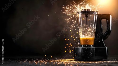 A blender with liquid inside is emitting sparks and splashing juice, set against a dramatic dark background. Concept Sparks in Blender, Liquid Splash, Dramatic Background, Kitchen Mishap