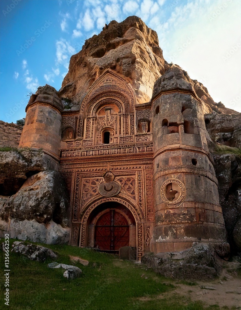 Fototapeta premium A majestic, weathered fortress carved from a colossal mountain