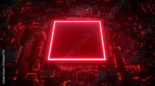 Red Neon Light Square Centered on a High-Tech Circuit Board with Illuminated Components and Digital Aesthetics