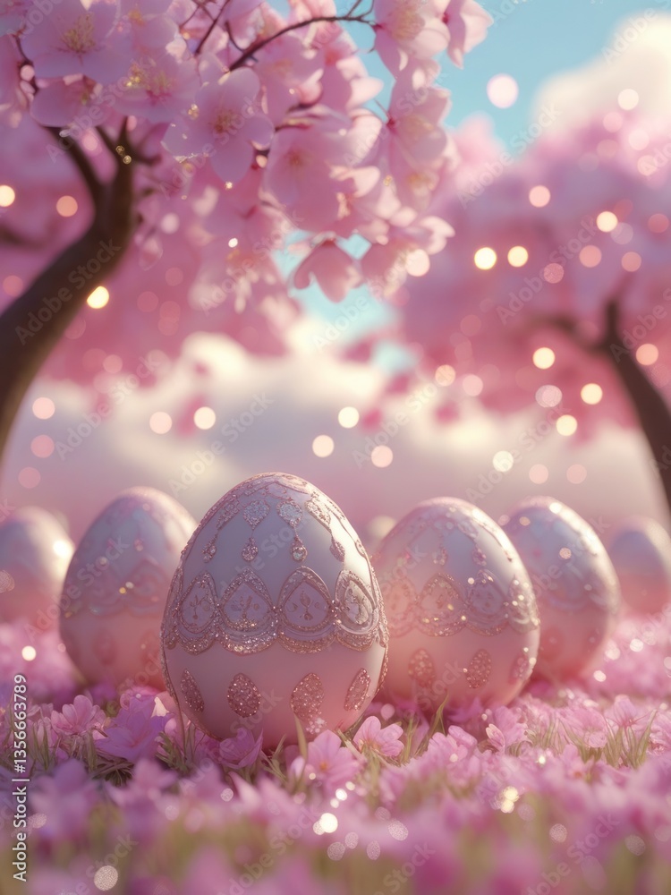 Easter eggs, adorned with subtle, shimmering glitter, resting gently under a canopy of blooming cherry blossom trees