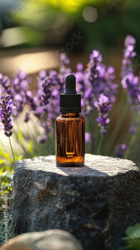 Amber essential oil bottle on stone with lavender blooms for aromatherapy and wellness in natural light serene outdoor setting