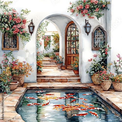 A picturesque illustration depicting a tranquil scene of colorful koi fish swimming in a stone pond surrounded by lush flowers and a charming architectural setting.
