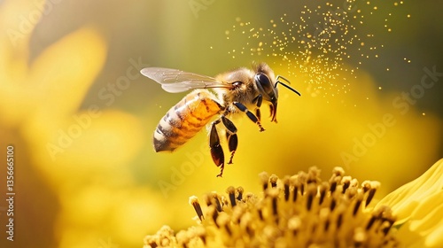 Bee Engaged in Pollen Collection Flight Amidst Floral Splendor Sunny Garden Environment