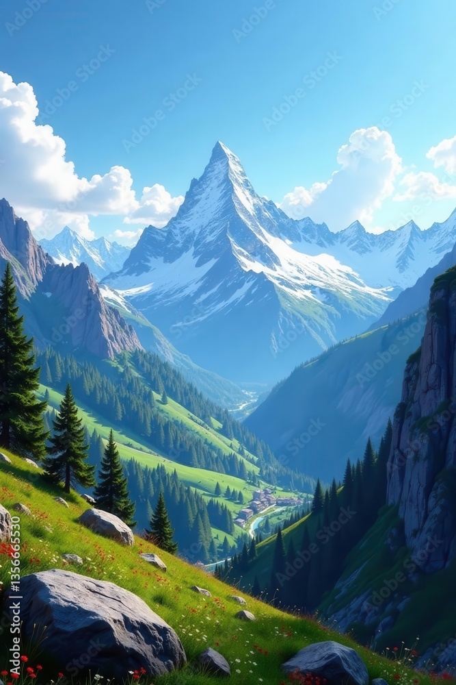 Obraz premium Panoramic view, snow-capped mountains, vast expanse, snowy mountains, calm, snow