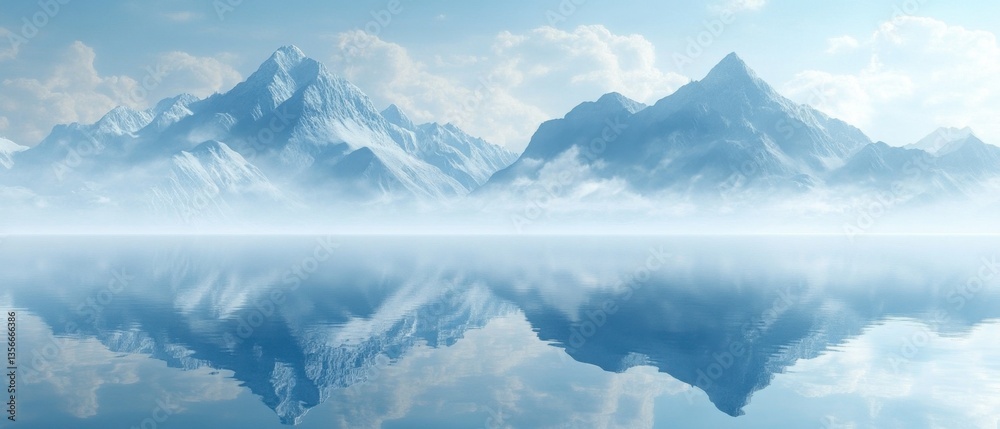 Fototapeta premium Serene mountain range reflected in tranquil lake under a soft blue sky creating a peaceful and majestic winter landscape with cold atmosphere