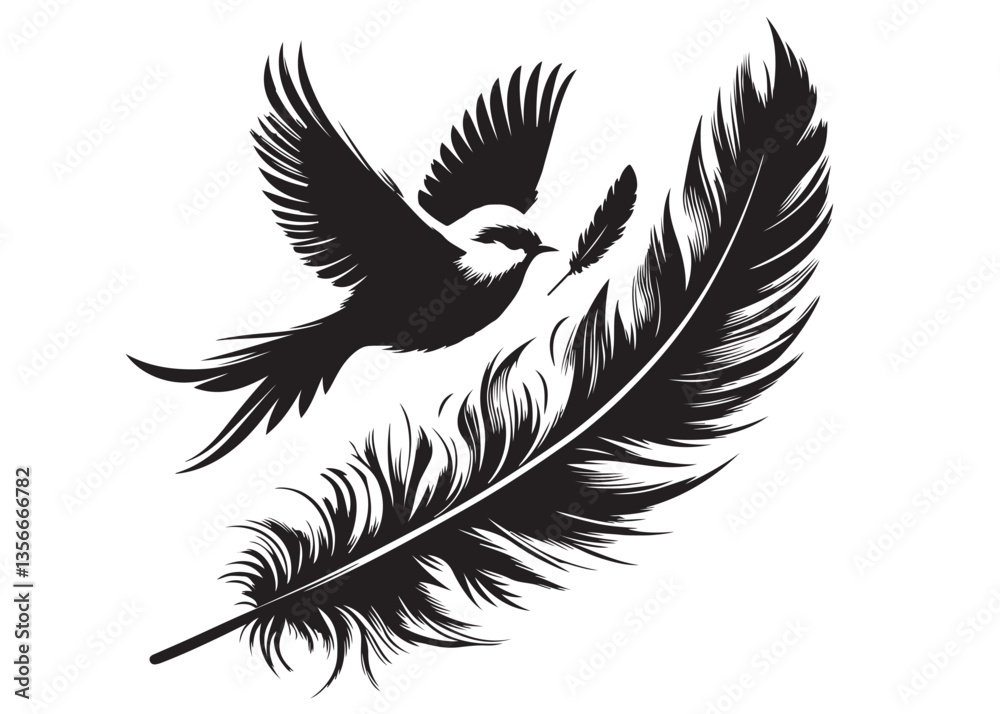 Obraz premium vector silhouette of a feather with flying bird logo, feather with flying bird logo icon, feather with bird logo design black animal, black feather with flying bird silhouettes on white background
