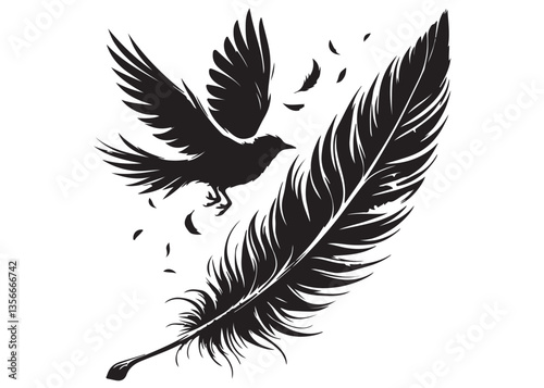 vector silhouette of a feather with flying bird logo, feather with flying bird logo icon, feather with bird logo design black animal, black feather with flying bird silhouettes on white background
