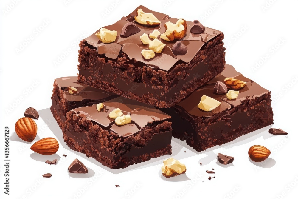 A stack of three chocolate brownies topped with nuts and chocolate chips on a white background A stack of three chocolate brownies topped with nuts and chocolate chips on a white background