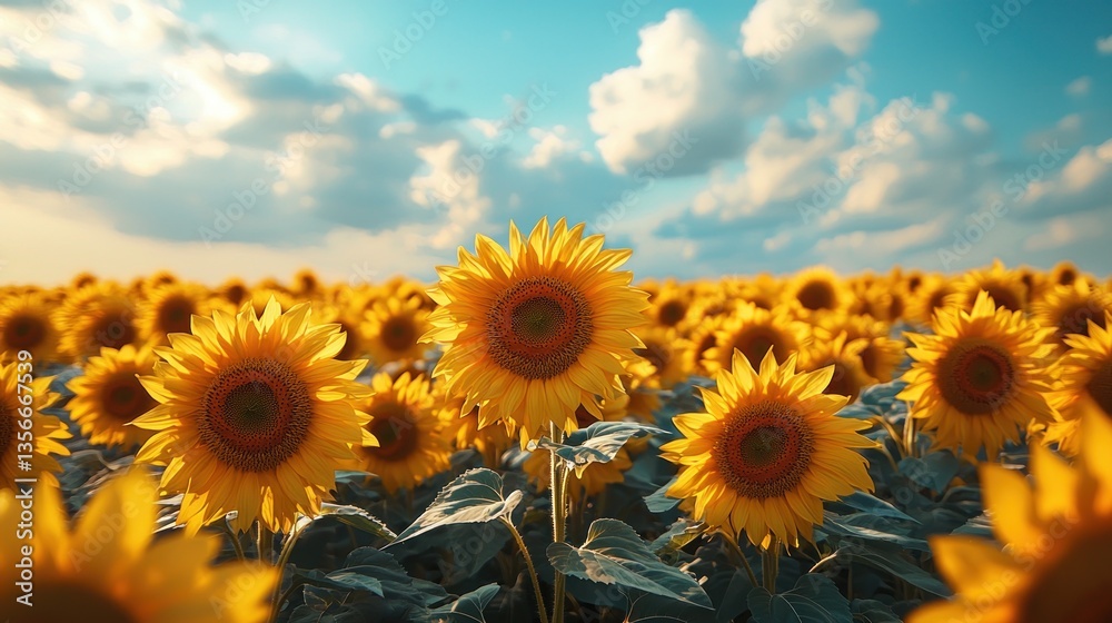 Obraz premium Sunlit Sunflower Field at Sunset (3)