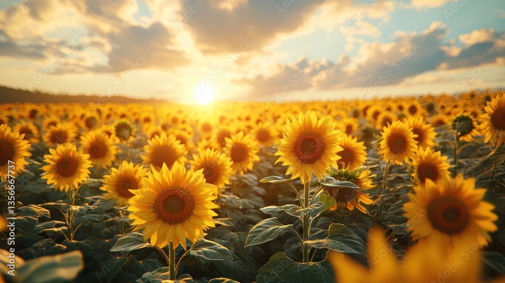 Fototapeta premium Sunlit Sunflower Field at Golden Sunset (1)