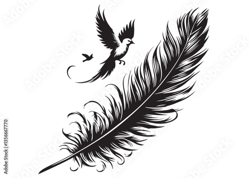 vector silhouette of a feather with flying bird logo, feather with flying bird logo icon, feather with bird logo design black animal, black feather with flying bird silhouettes on white background