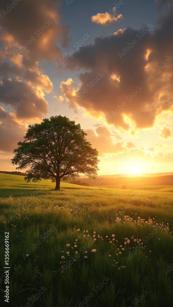 Obraz premium Tranquil panoramic rural landscape scenery in an early summer morning after sunrise, with a tree on green meadows and colorful clouds in the gold and blue sky