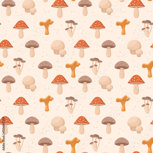 Seamless pattern with forest mushrooms on a beige background. Flat vector illustration