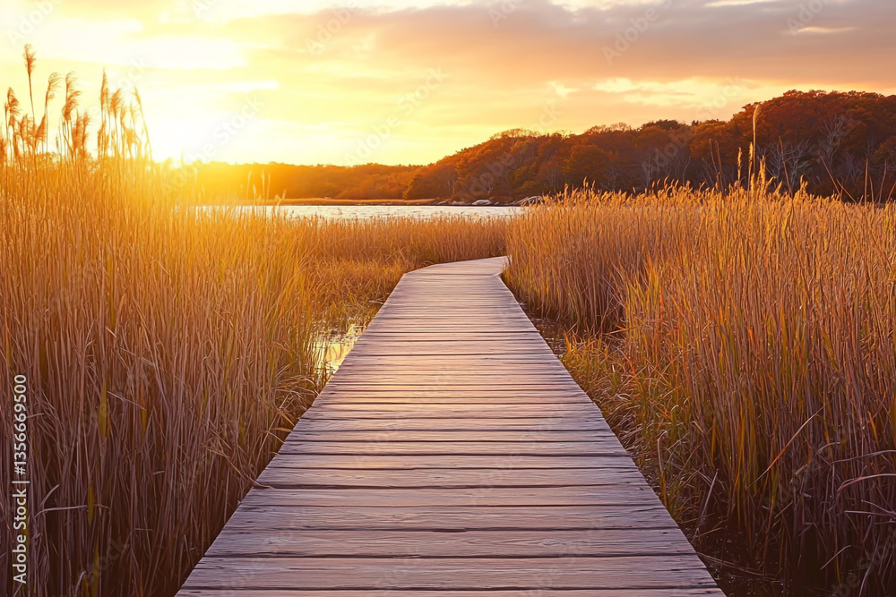 Obraz premium A wooden boardwalk leading to the water's edge, surrounded by tall reeds and autumn foliage at sunset.