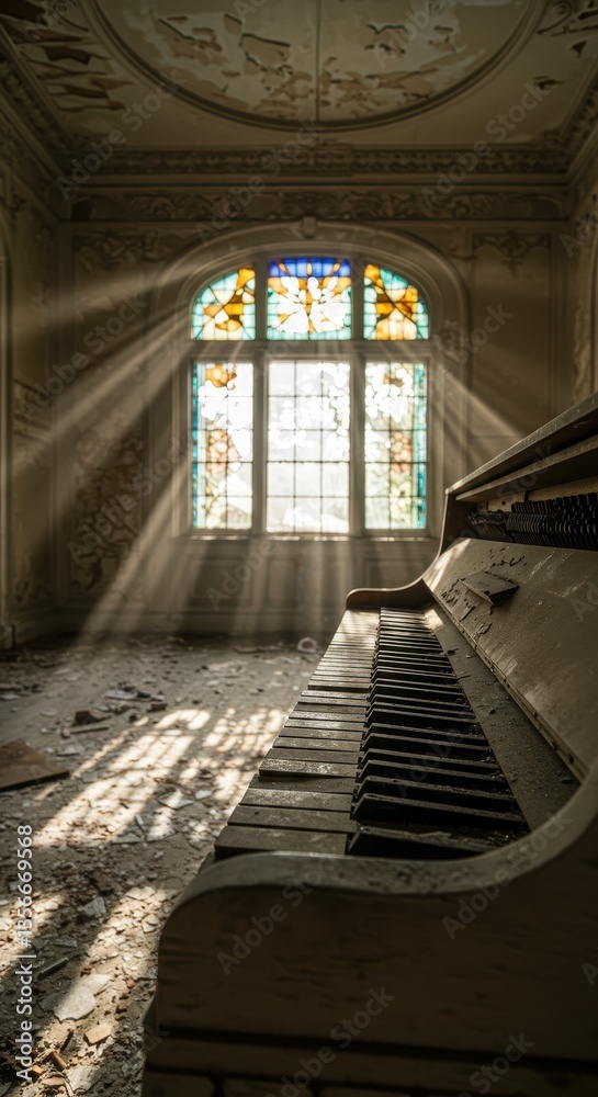 Obraz premium Sunbeams Illuminate Abandoned Piano in Decaying Mansion