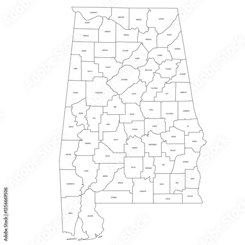Alabama, AL - detailed political map of US state. Administrative map divided into counties. Thin black outline map with county name labels. Vector illustration