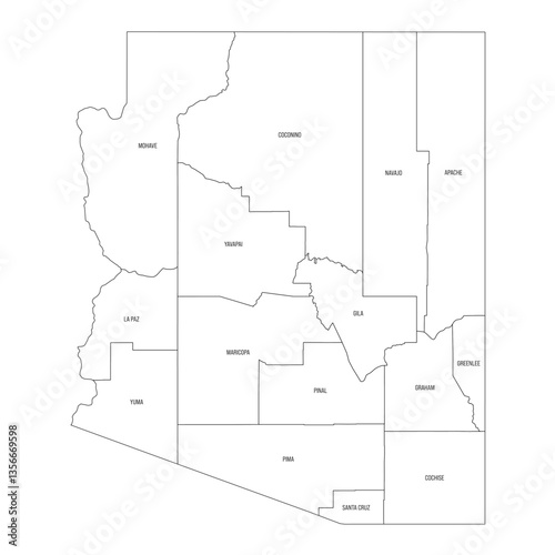 Arizona, AZ - detailed political map of US state. Administrative map divided into counties. Thin black outline map with county name labels. Vector illustration