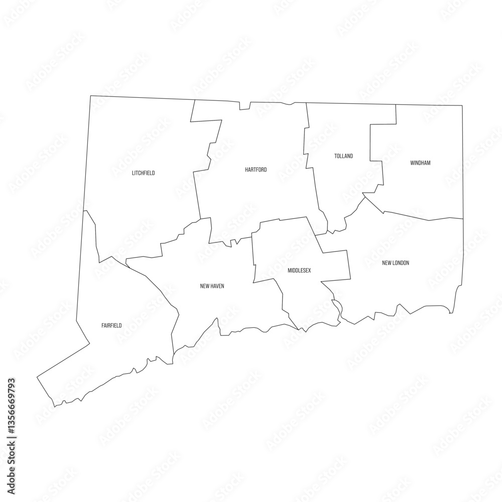 Fototapeta premium Connecticut, CT - detailed political map of US state. Administrative map divided into counties. Thin black outline map with county name labels. Vector illustration