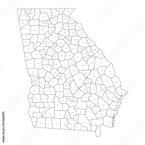 Georgia, GA - detailed political map of US state. Administrative map divided into counties. Thin black outline map with county name labels. Vector illustration