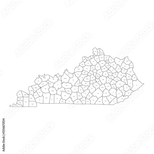 Kentucky, KY - detailed political map of US state. Administrative map divided into counties. Thin black outline map with county name labels. Vector illustration