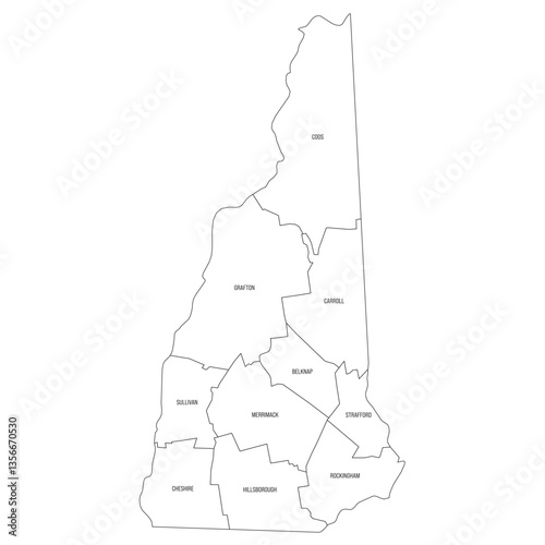New Hampshire, NH - detailed political map of US state. Administrative map divided into counties. Thin black outline map with county name labels. Vector illustration