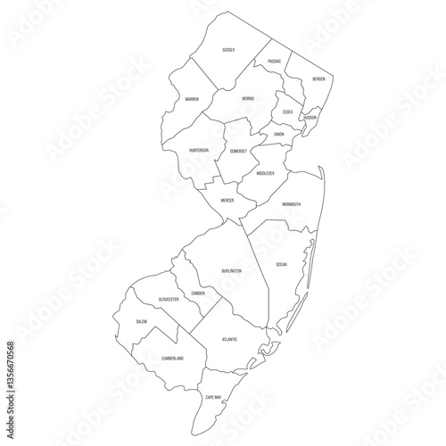 New Jersey, NJ - detailed political map of US state. Administrative map divided into counties. Thin black outline map with county name labels. Vector illustration photo