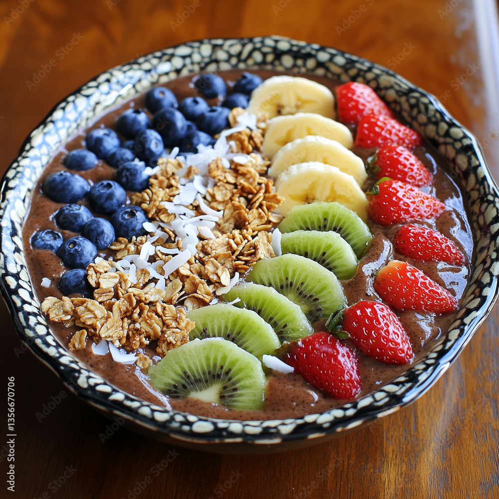 Healthy Fruit and Granola Bowl with Blueberries, Kiwi, and Strawberries