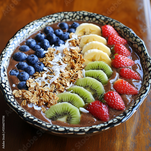 Healthy Fruit and Granola Bowl with Blueberries, Kiwi, and Strawberries