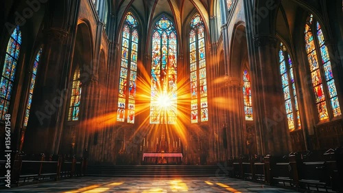 Gothic cathedral interior with sunlight streaming through stained glass windows, sacred atmosphere, spiritual serenity.
