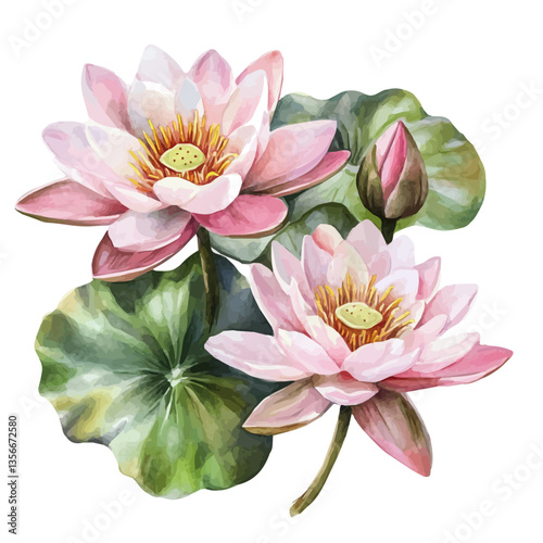 Water Lily Branch, watercolor illustration, isolated on a white background.