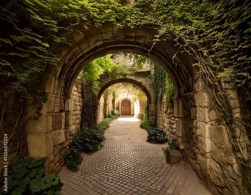 Fototapeta premium A weathered stone archway in an ancient city, with vines growing along its surface