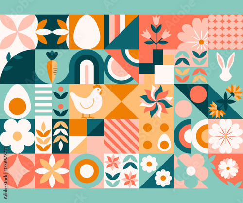 Wesołych Świąt Wielkanocnych - kolorowa mozaika z królikiem, jajkami i kwiatami. Wzór na kartki świąteczne, banery reklamowe lub grafiki do social media.