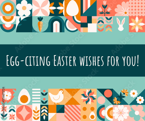 Wesołych Świąt Wielkanocnych - kolorowa mozaika z królikiem, jajkami i kwiatami. Wzór na kartki świąteczne, banery reklamowe lub grafiki do social media.