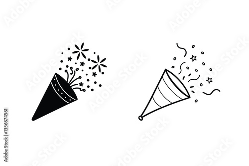 Party poppers, celebration confetti, festive icons, black, white, simple design, explosion, joy, fun
