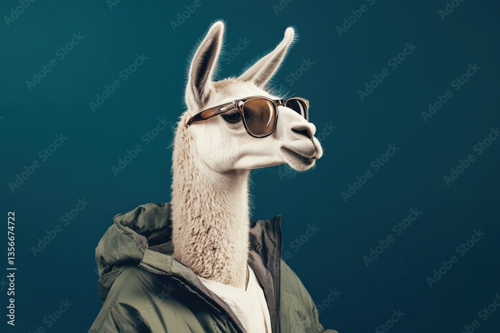 Obraz premium Llama in windbreaker jacket with stylish sunglasses