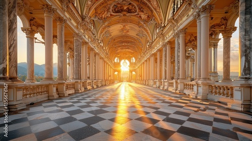 Majestic palace colonnade at sunrise, checkered floor, scenic views