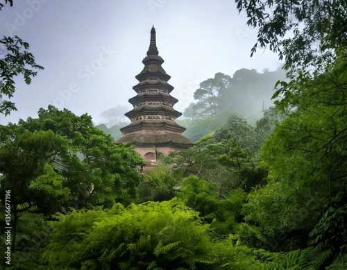 A historic pagoda shrouded in early morning mist, surrounded by lush greenery