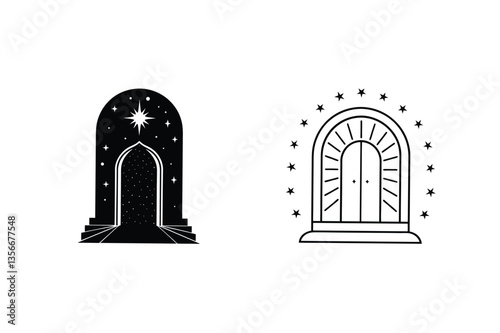 Celestial Gateway Two Mystical Arched Doors to the Cosmos