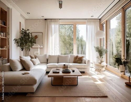 A sleek and modern minimalist interior featuring all-white furniture