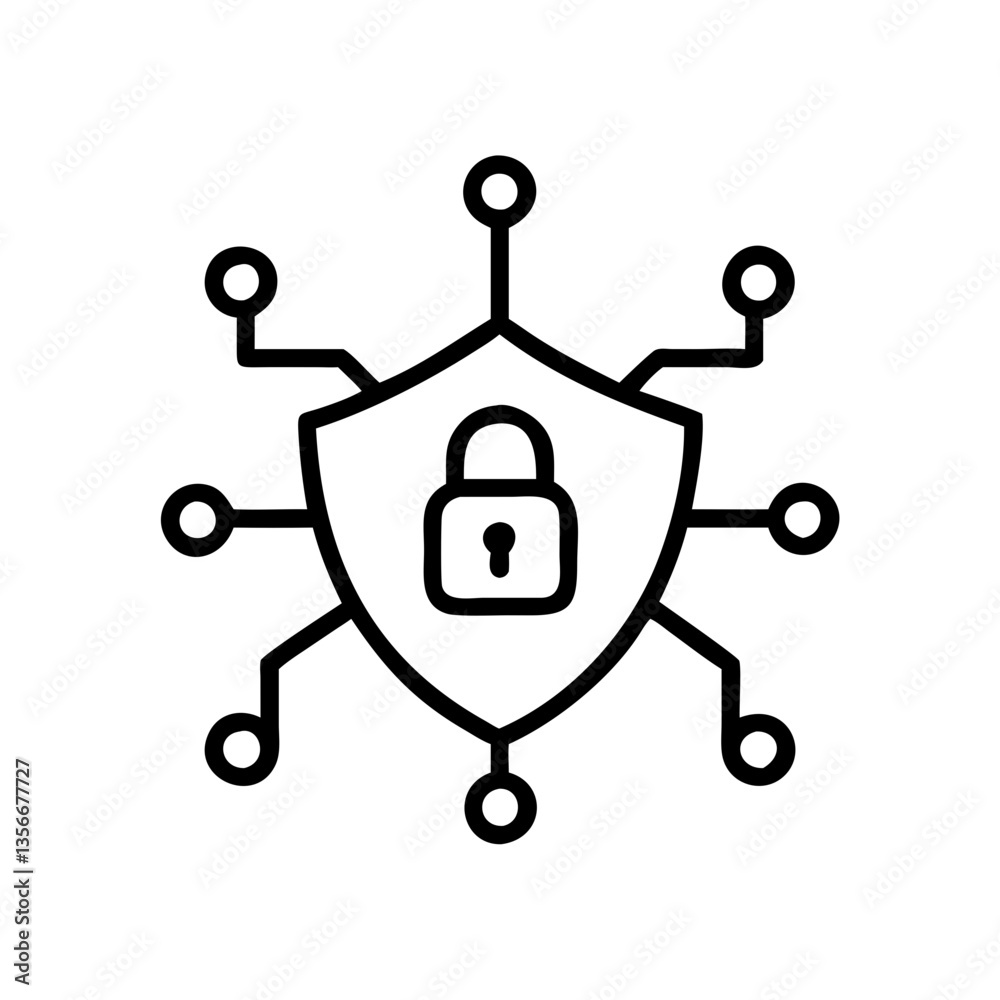 Cybersecurity shield with padlock connected to network nodes Cybersecurity shield with padlock connected to network nodes