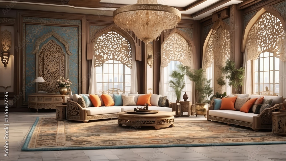 Obraz premium Luxurious hotel lobby with ornate wooden ceilings
