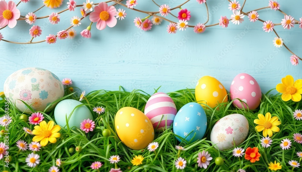 Vibrant Easter eggs, each with unique patterns, are placed among lush green grass and spring flowers. Delicate pink blossoms hang above, adding to the festive atmosphere. Vibrant Easter eggs, each with unique patterns, are placed among lush green grass and spring flowers. Delicate pink blossoms hang above, adding to the festive atmosphere.