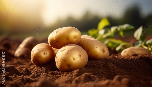 Freshly dug potatoes still resting on the soil, with dirt around them, soft earthy tones 