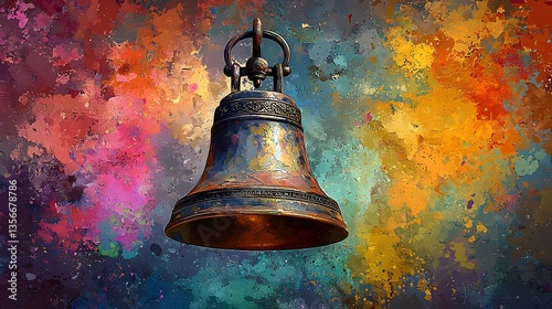 Antique bronze bell against colorful painted backdrop
