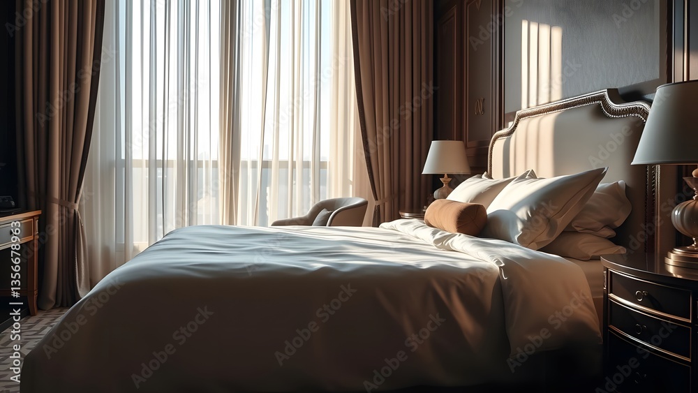 Fototapeta premium Cozy luxury bedroom with elegant decor, soft pillows, and warm sunlight filtering through curtains. 